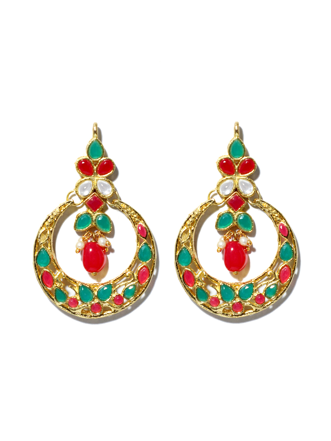 Gold Plated Red and Green Kundan Chnadbali Earrings with Maangtikka