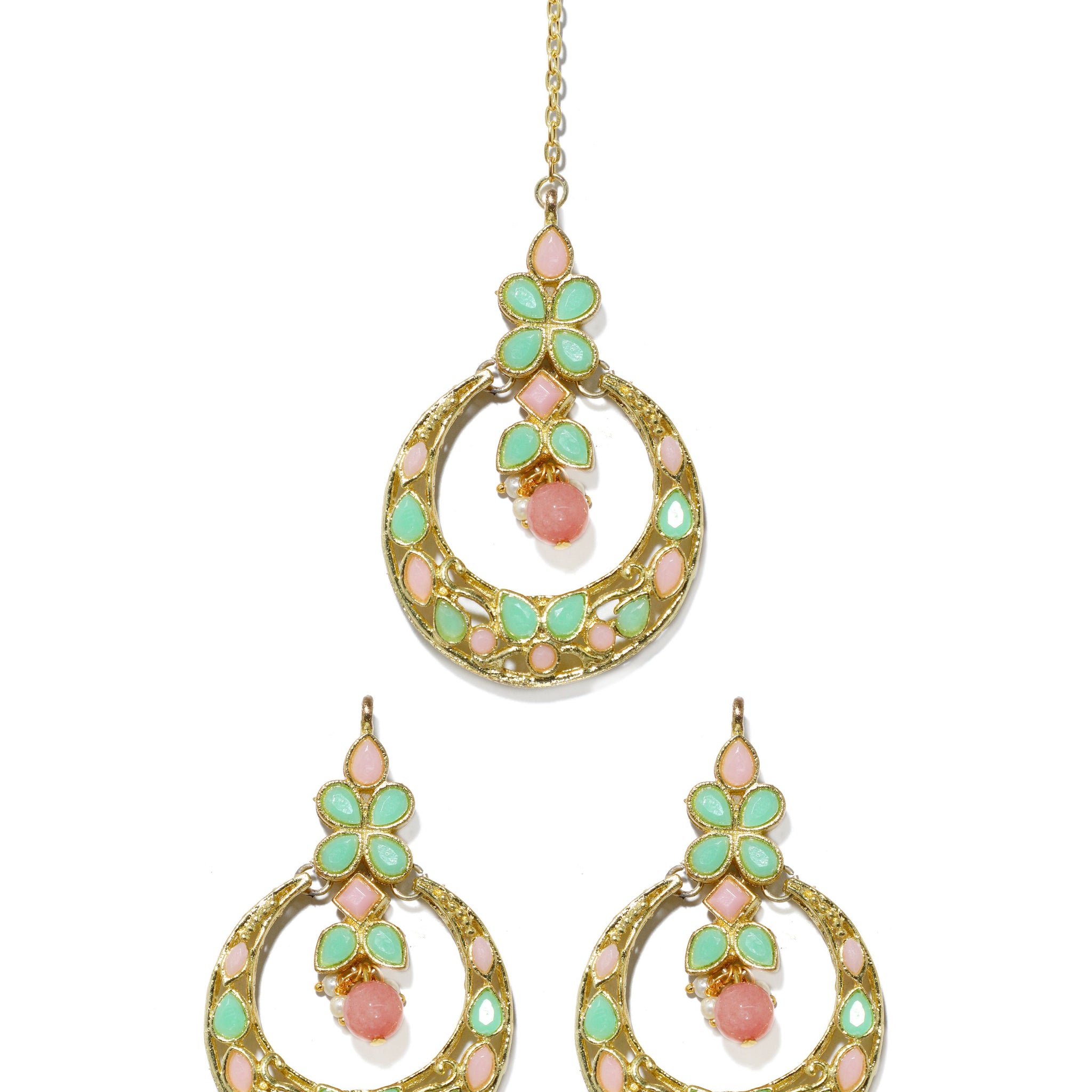 Gold Plated Peach and Mint Green Kundan Chnadbali Earrings with Maangtikka