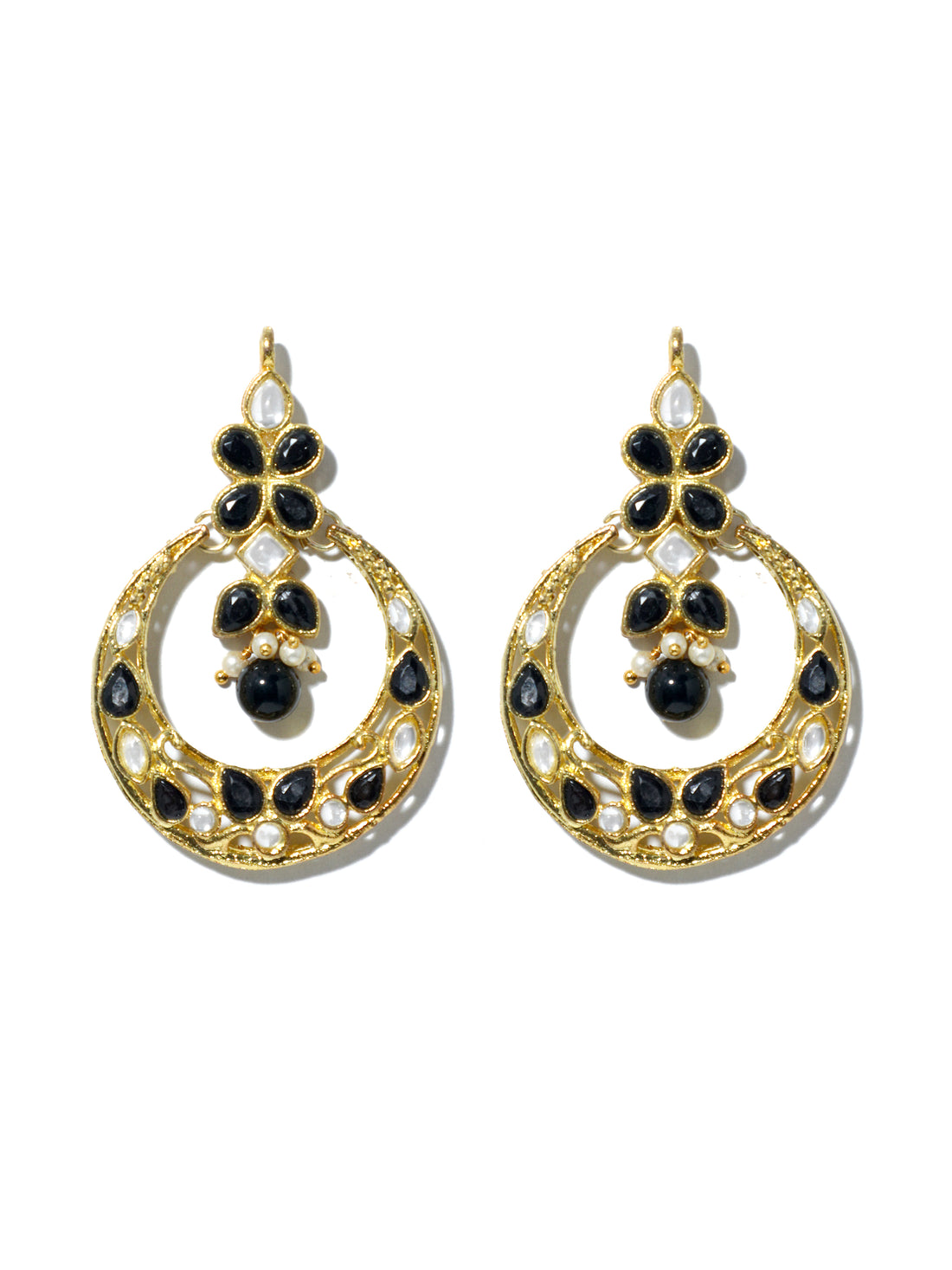 Gold Plated Black Kundan Chnadbali Earrings with Maangtikka