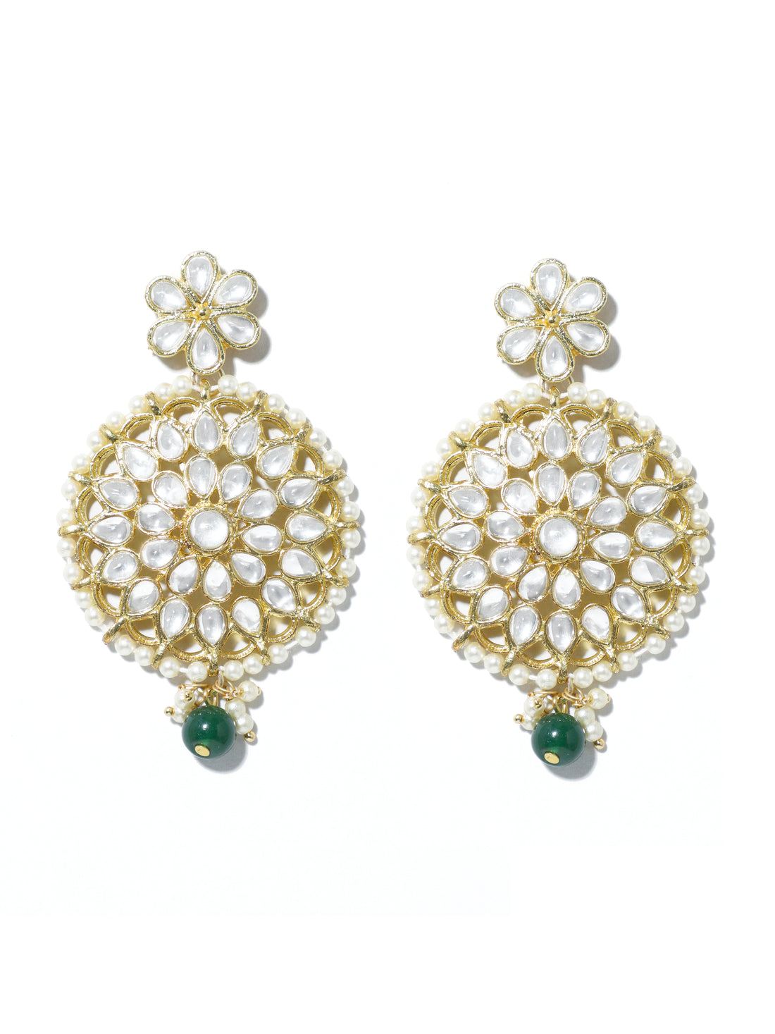 Gold Plated Green Bead Kundan Dangler Earrings with Maangtikka