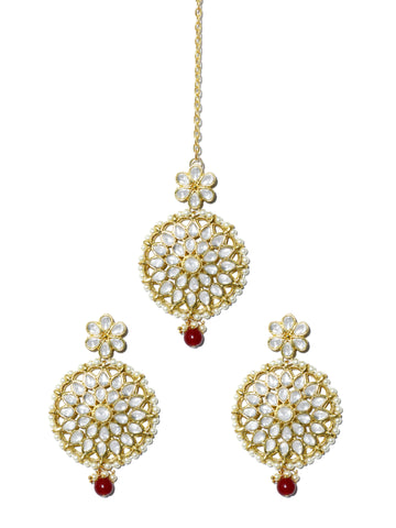 Gold Plated Red Bead Kundan Dangler Earrings with Maangtikka