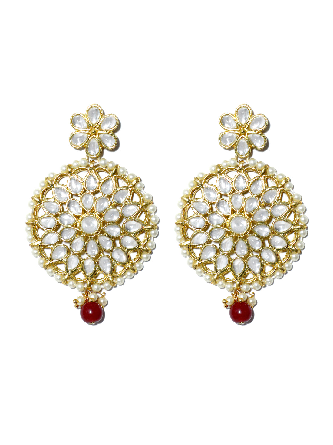 Gold Plated Red Bead Kundan Dangler Earrings with Maangtikka