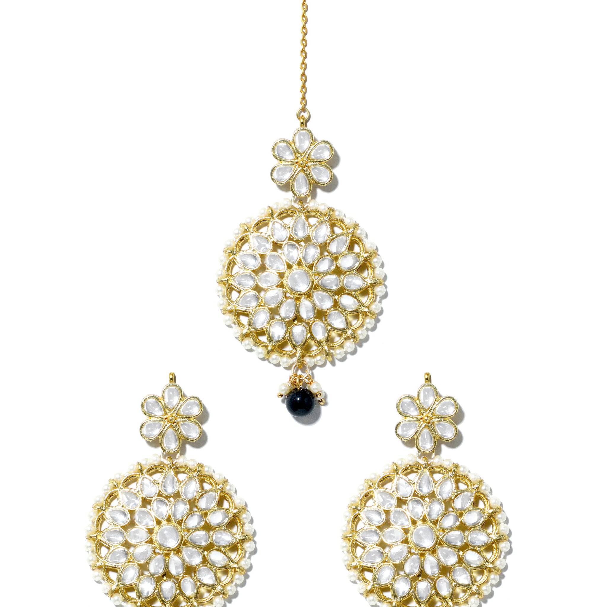 Gold Plated Black Bead Kundan Dangler Earrings with Maangtikka