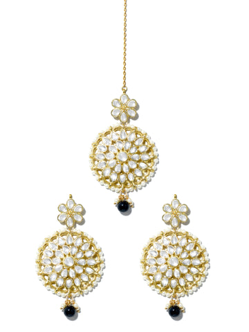 Gold Plated Black Bead Kundan Dangler Earrings with Maangtikka