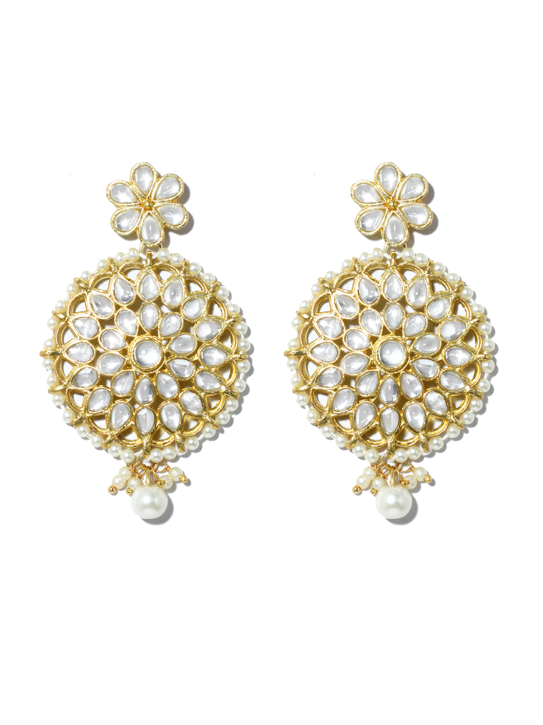 Gold Plated Pearl Bead Kundan Dangler Earrings with Maangtikka