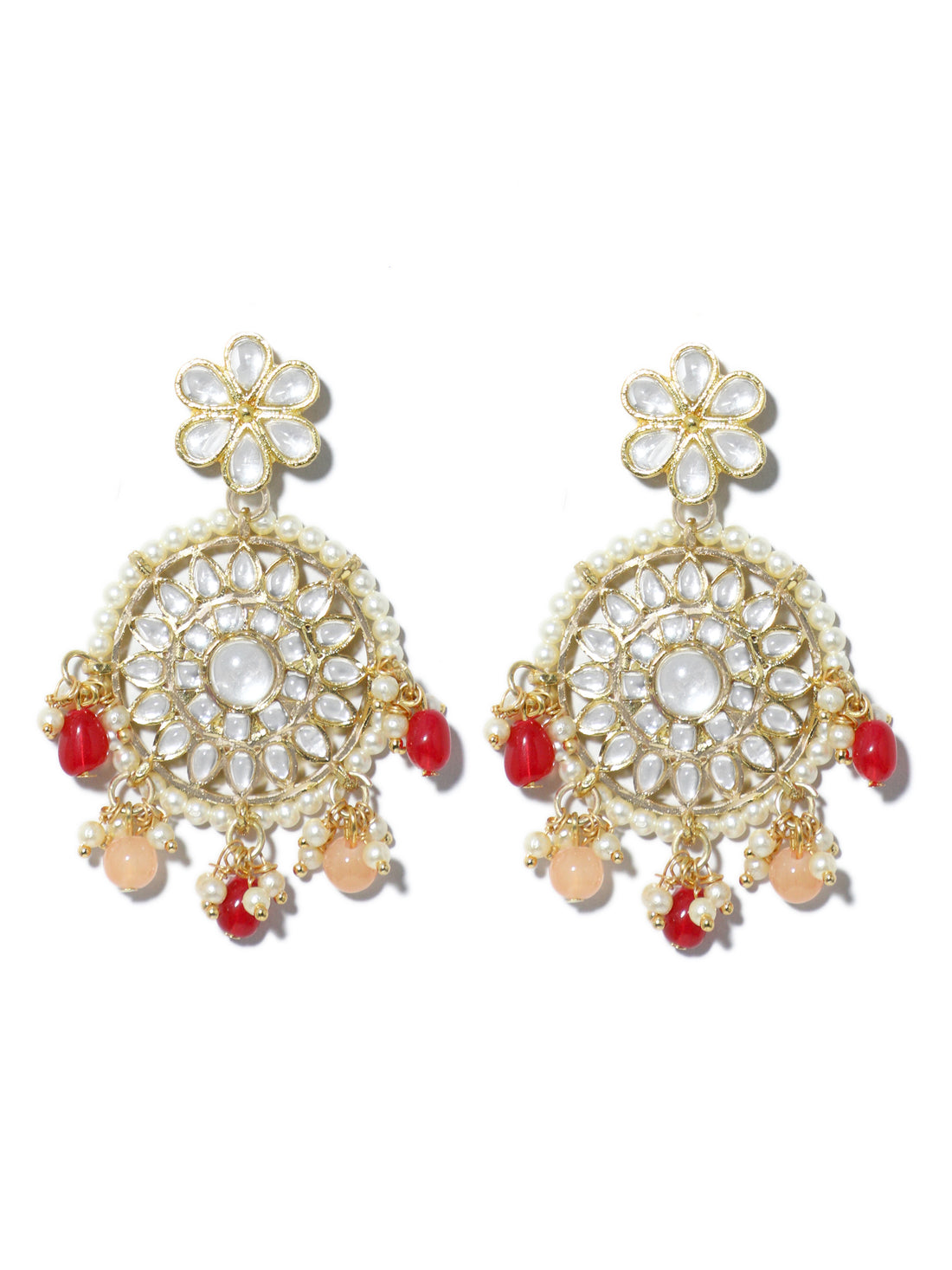 Gold Plated Red and Peach Beads Kundan Dangler Earrings with Maangtikka