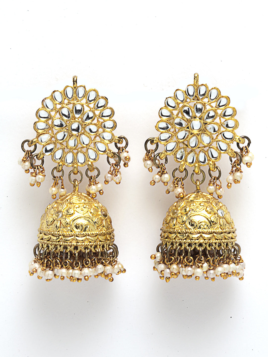 Gold Plated Tassel Beads Kundan Jhumki Earrings with Maangtikka