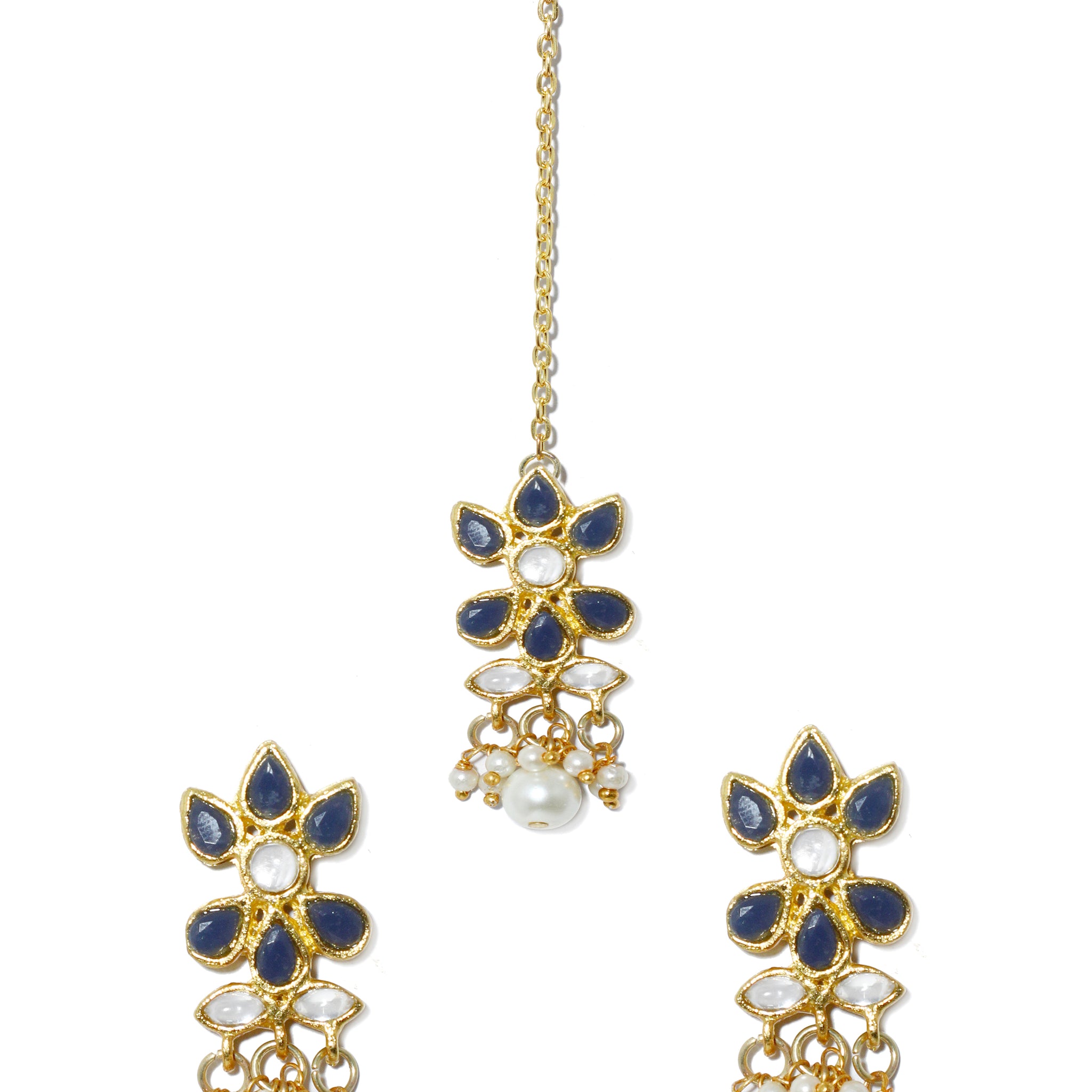 Gold Plated Pearl Bead Navy Blue Kundan Dangler Earrings with Maangtikka