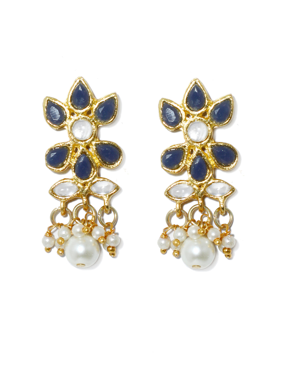 Gold Plated Pearl Bead Navy Blue Kundan Dangler Earrings with Maangtikka