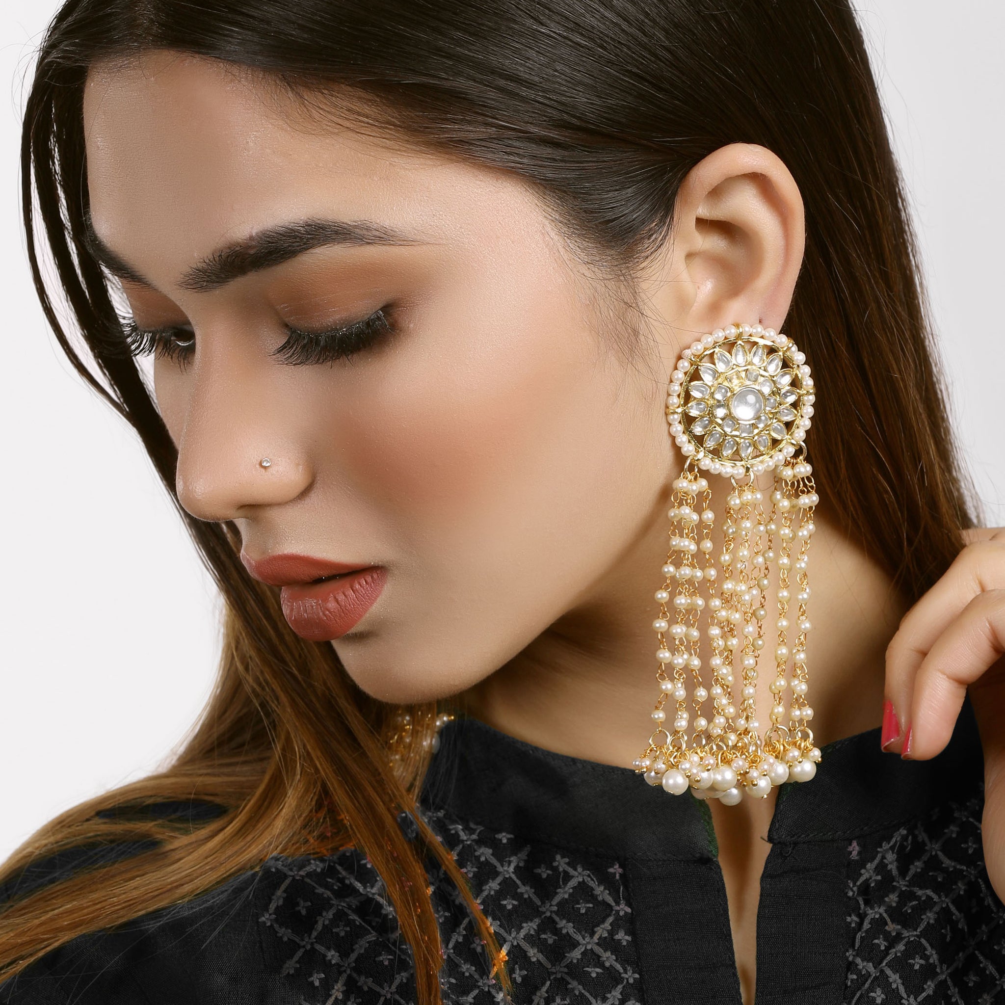 Gold Plated Pearl Beads Kundan Tassel Earrings