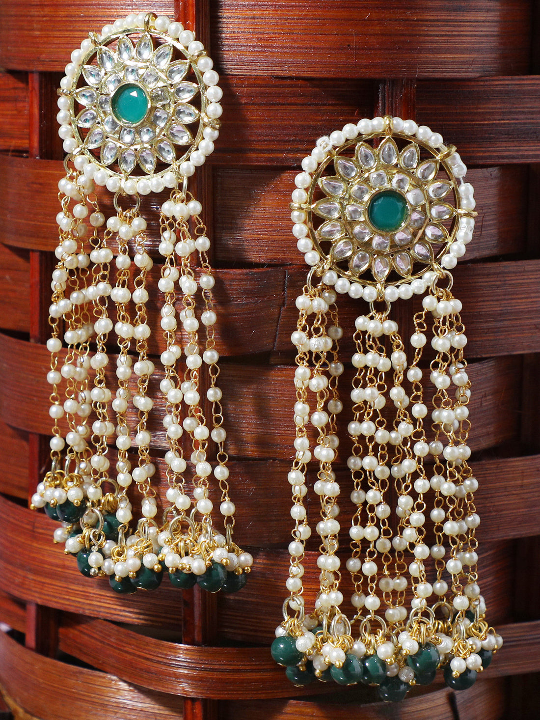 Gold Plated Green Beads Kundan Tassel Earrings