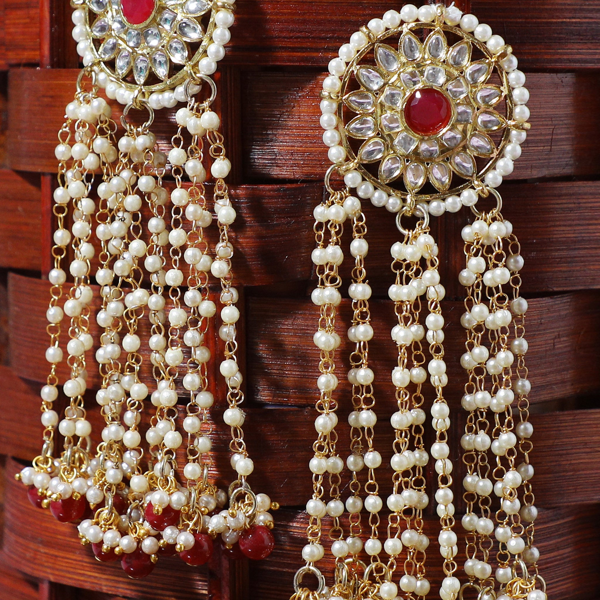 Gold Plated Red Beads Kundan Tassel Earrings