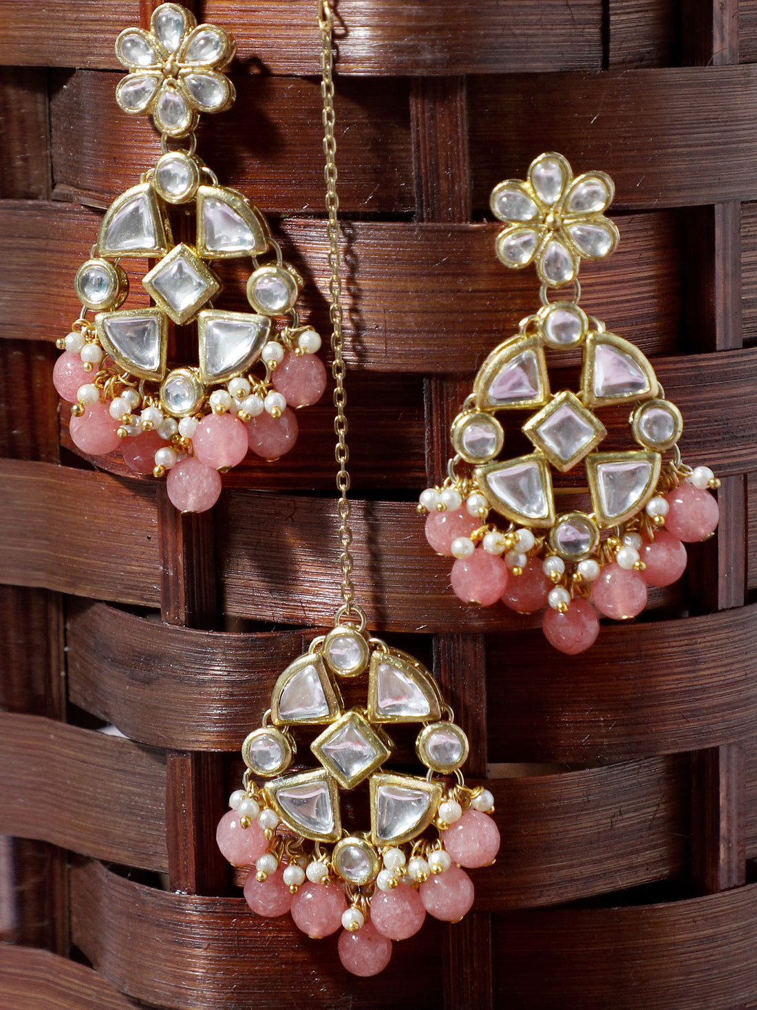 Gold Plated Pink Beads Kundan Dangler Earrings with Maangtikka