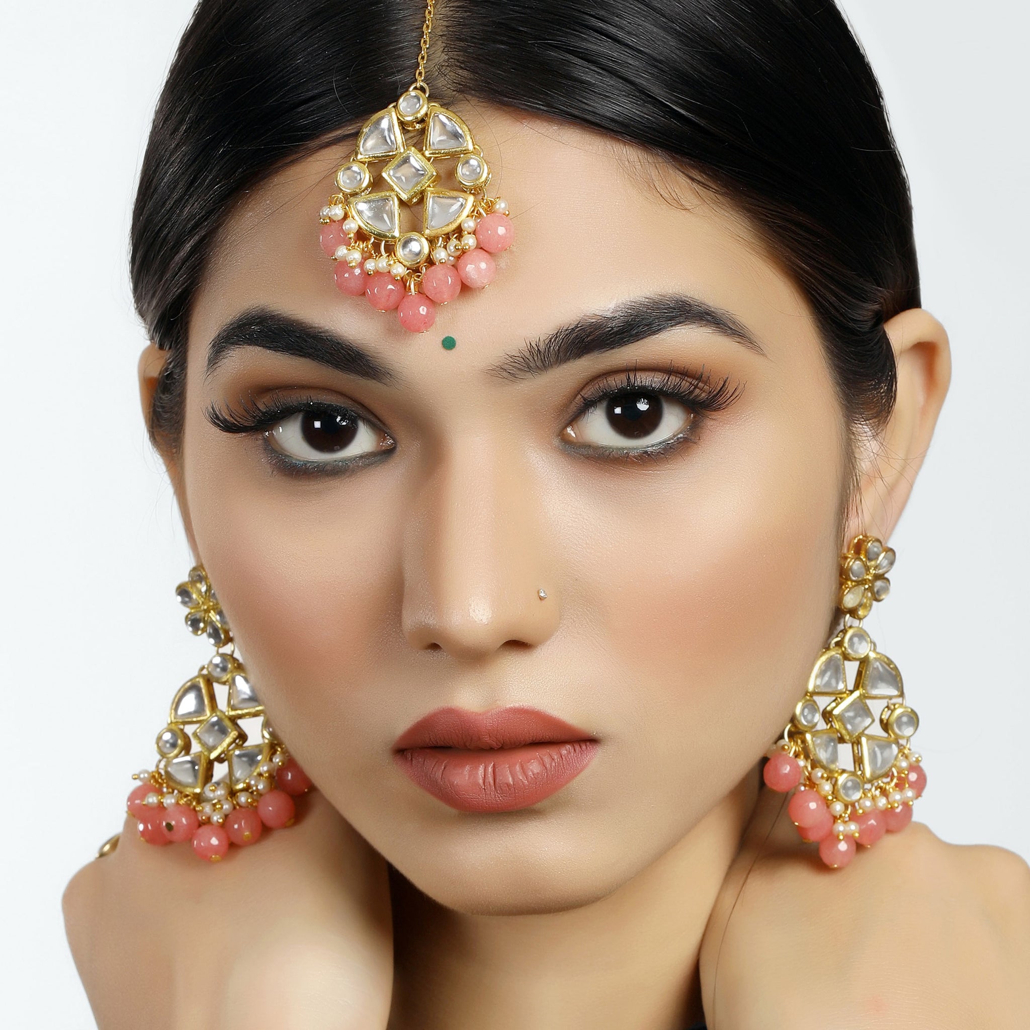 Gold Plated Pink Beads Kundan Dangler Earrings with Maangtikka