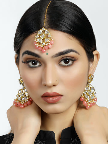 Gold Plated Pink Beads Kundan Dangler Earrings with Maangtikka