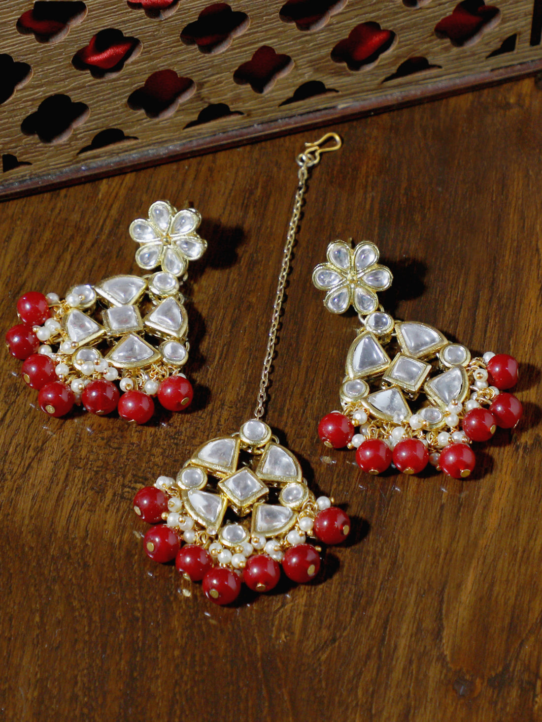 Red Beads Kundan Dangler Earrings with Maangtikka