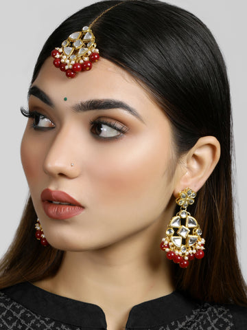 Red Beads Kundan Dangler Earrings with Maangtikka