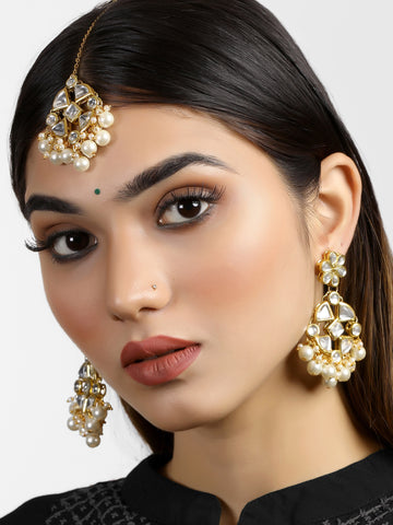 Pearl Beads Kundan Dangler Earrings with Maangtikka