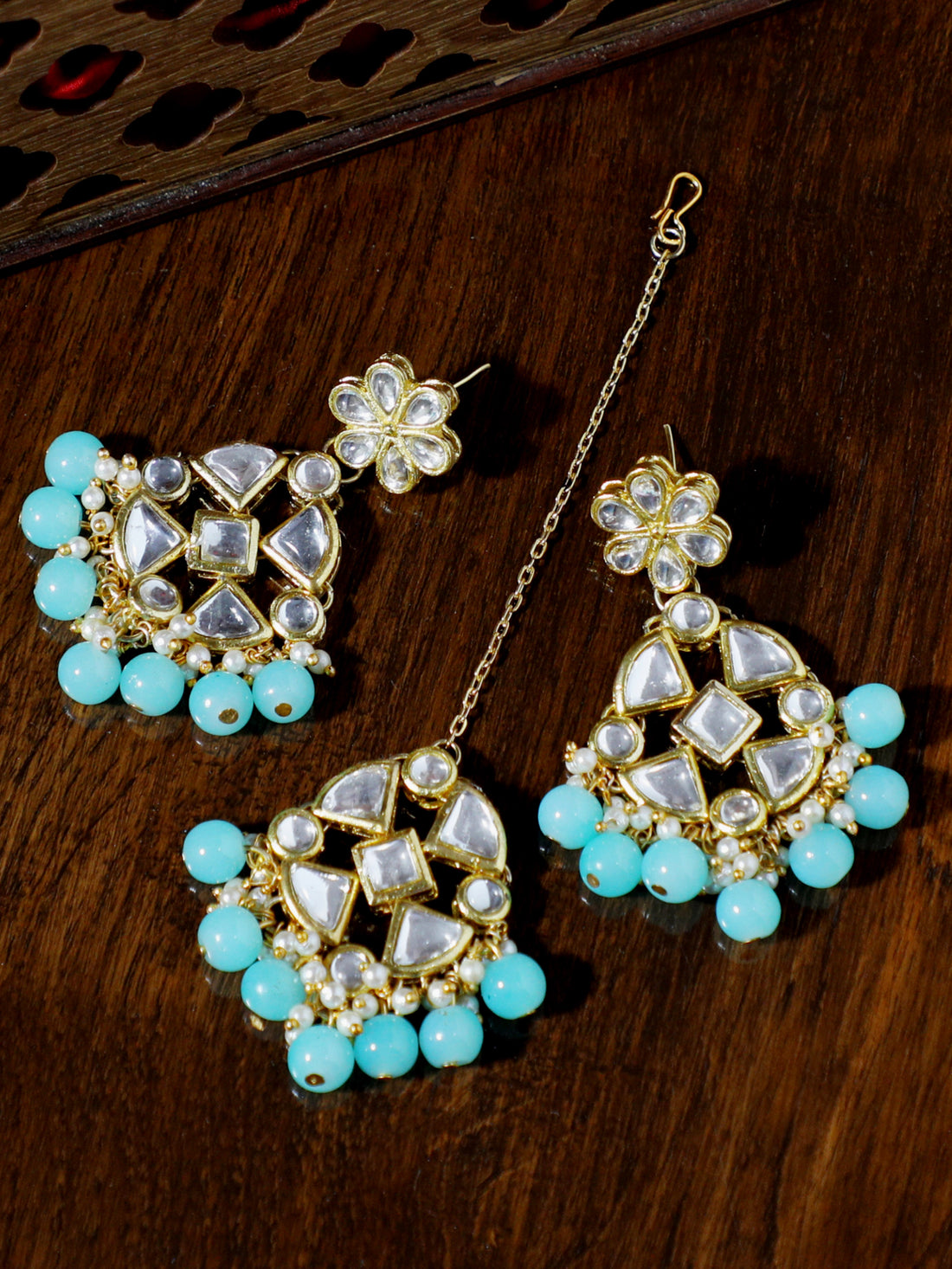 Light Blue Beads Kundan Dangler Earrings with Maangtikka