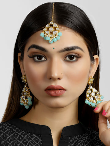 Light Blue Beads Kundan Dangler Earrings with Maangtikka