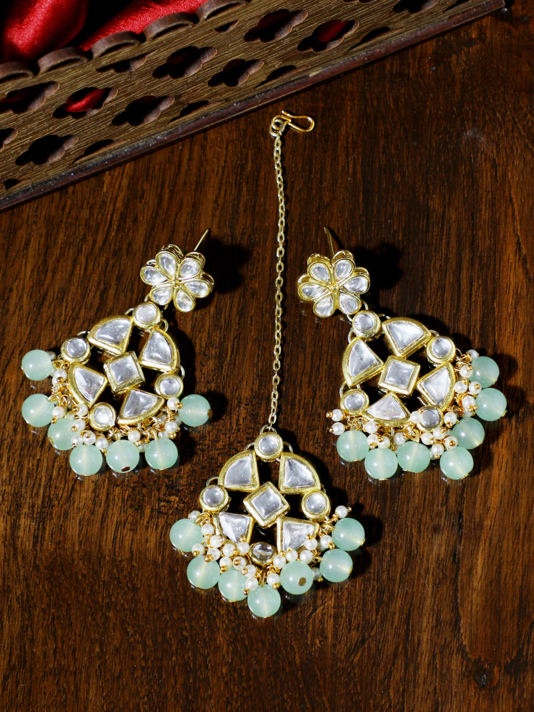 Light Green Beads Kundan Dangler Earrings with Maangtikka