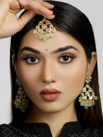 Light Green Beads Kundan Dangler Earrings with Maangtikka