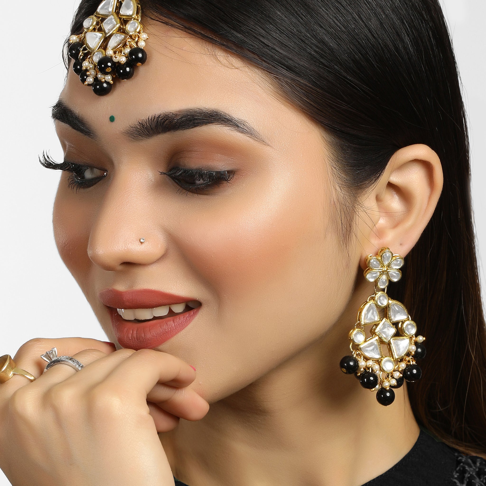 Black Beads Kundan Dangler Earrings with Maangtikka