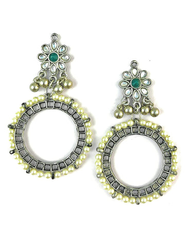 Pearl Studded Oxidised Silver Hoop Earrings