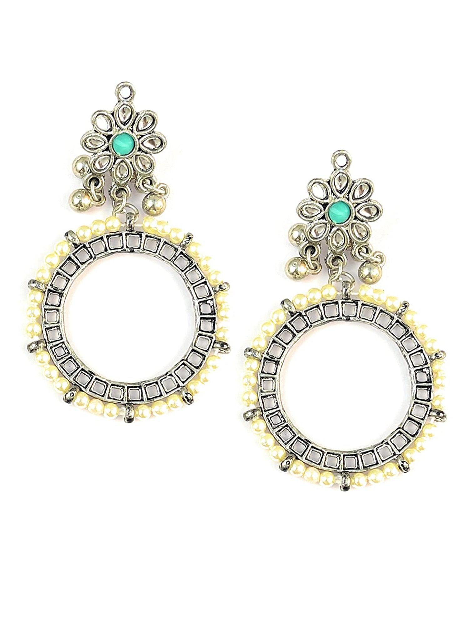 Pearl Studded Oxidised Silver Hoop Earrings