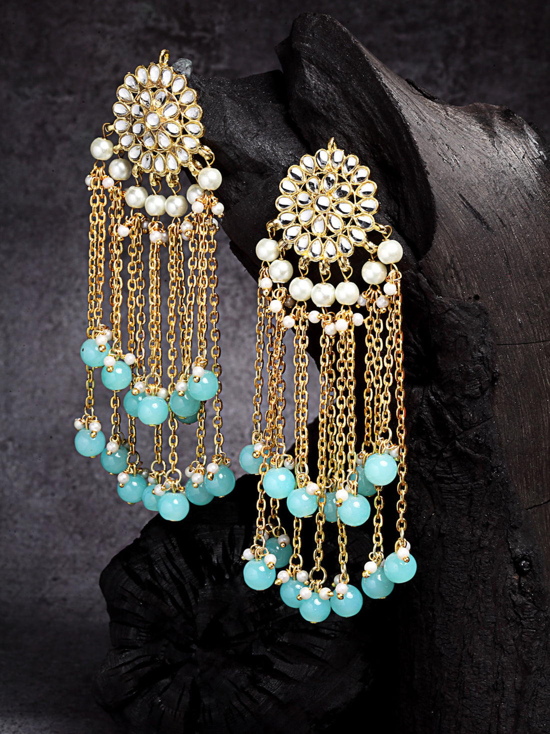 Gold Plated Light Blue Kundan Tassel Earrings