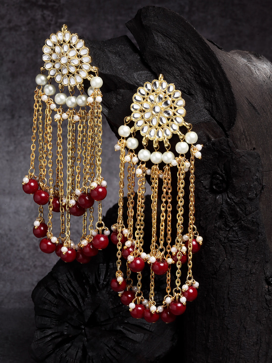 Gold Plated Red Kundan Tassel Earrings