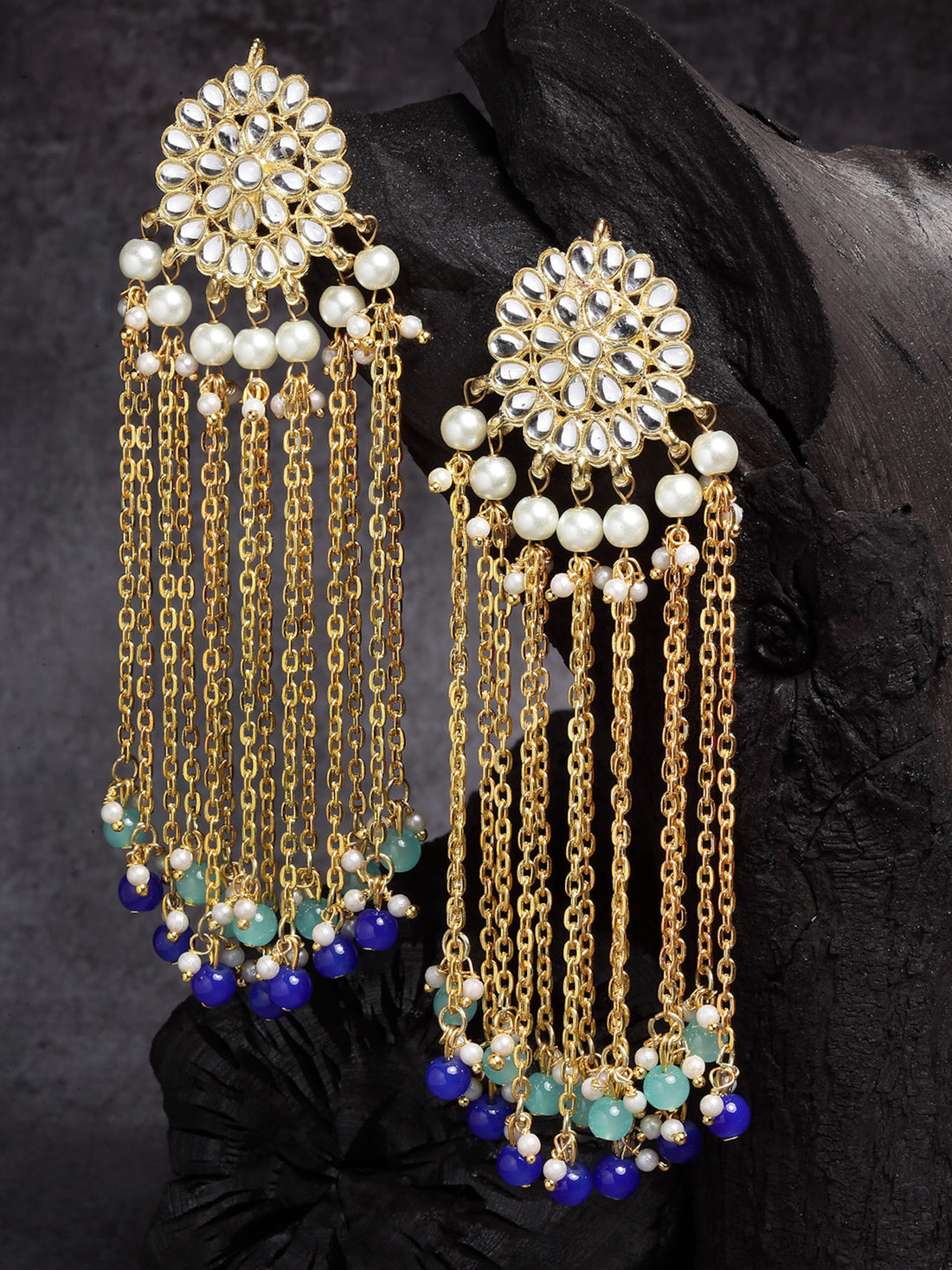 Kundan Tassel Earrings with Blue Beads