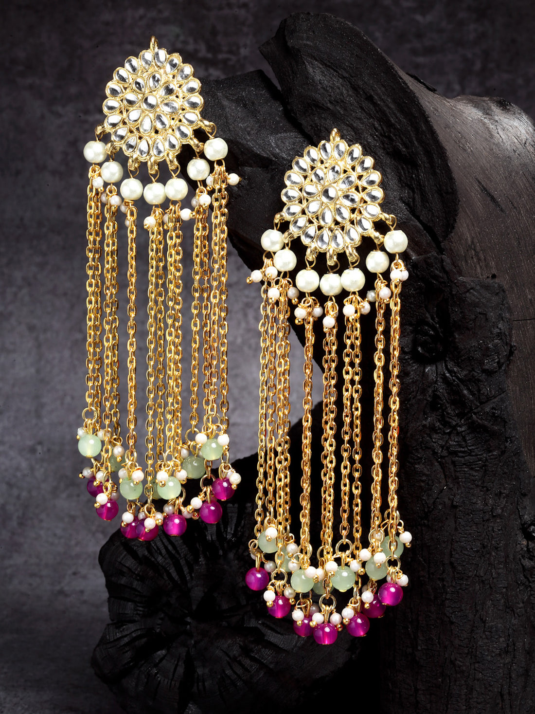 Pink and Green Beads Kundan Tassel Earrings