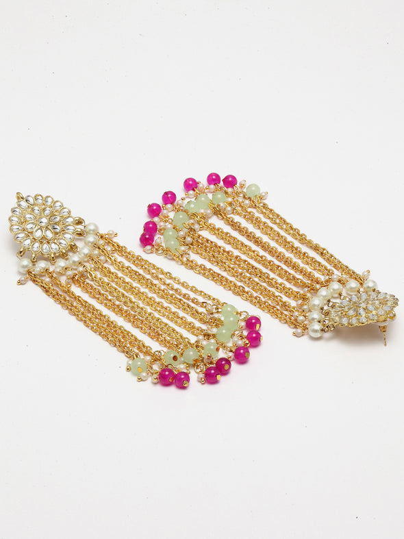 Pink and Green Beads Kundan Tassel Earrings