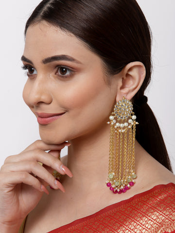 Pink and Green Beads Kundan Tassel Earrings