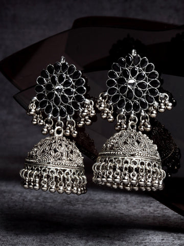 Oxidised Silver Peacock Jhumki Earrings