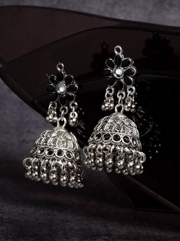 Floral Shaped Oxidised Silver Jhumki Earrings