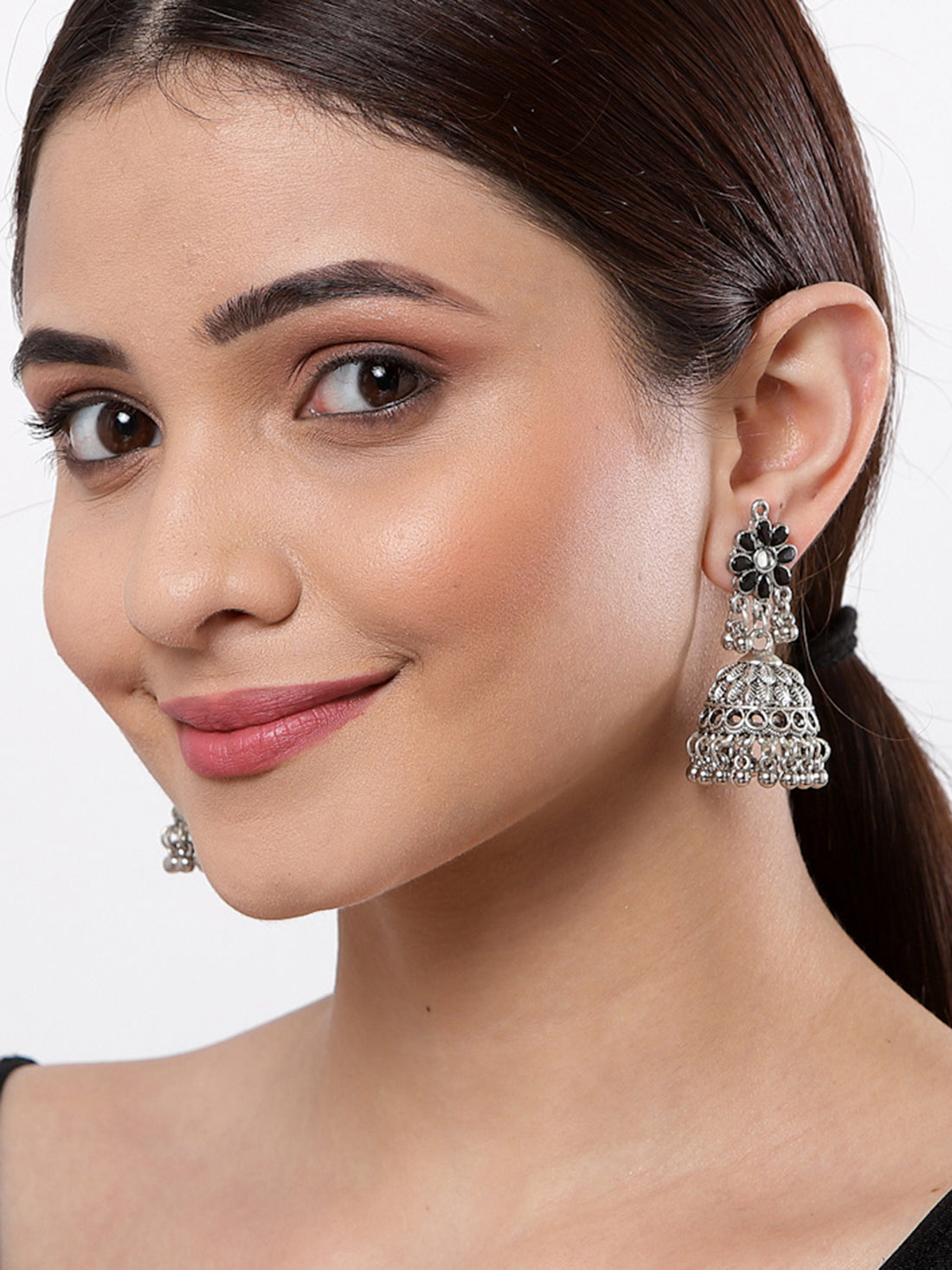 Floral Shaped Oxidised Silver Jhumki Earrings