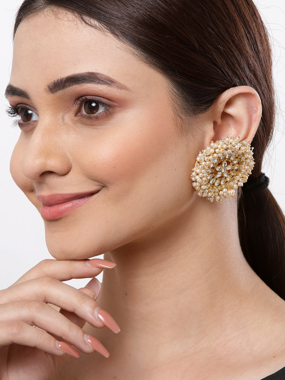 Pearl Ball Embellished Kundan Stud Earrings