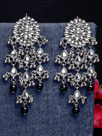 Oxidised Silver Kundan Tassel Earrings