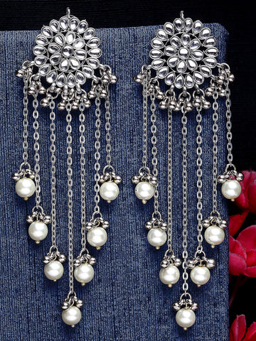 Oxidised Silver Kundan Tassel Earrings with Pearl Beads