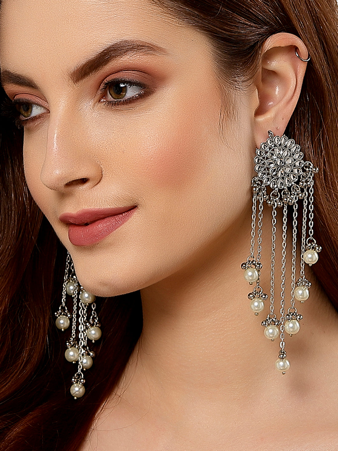 Oxidised Silver Kundan Tassel Earrings with Pearl Beads