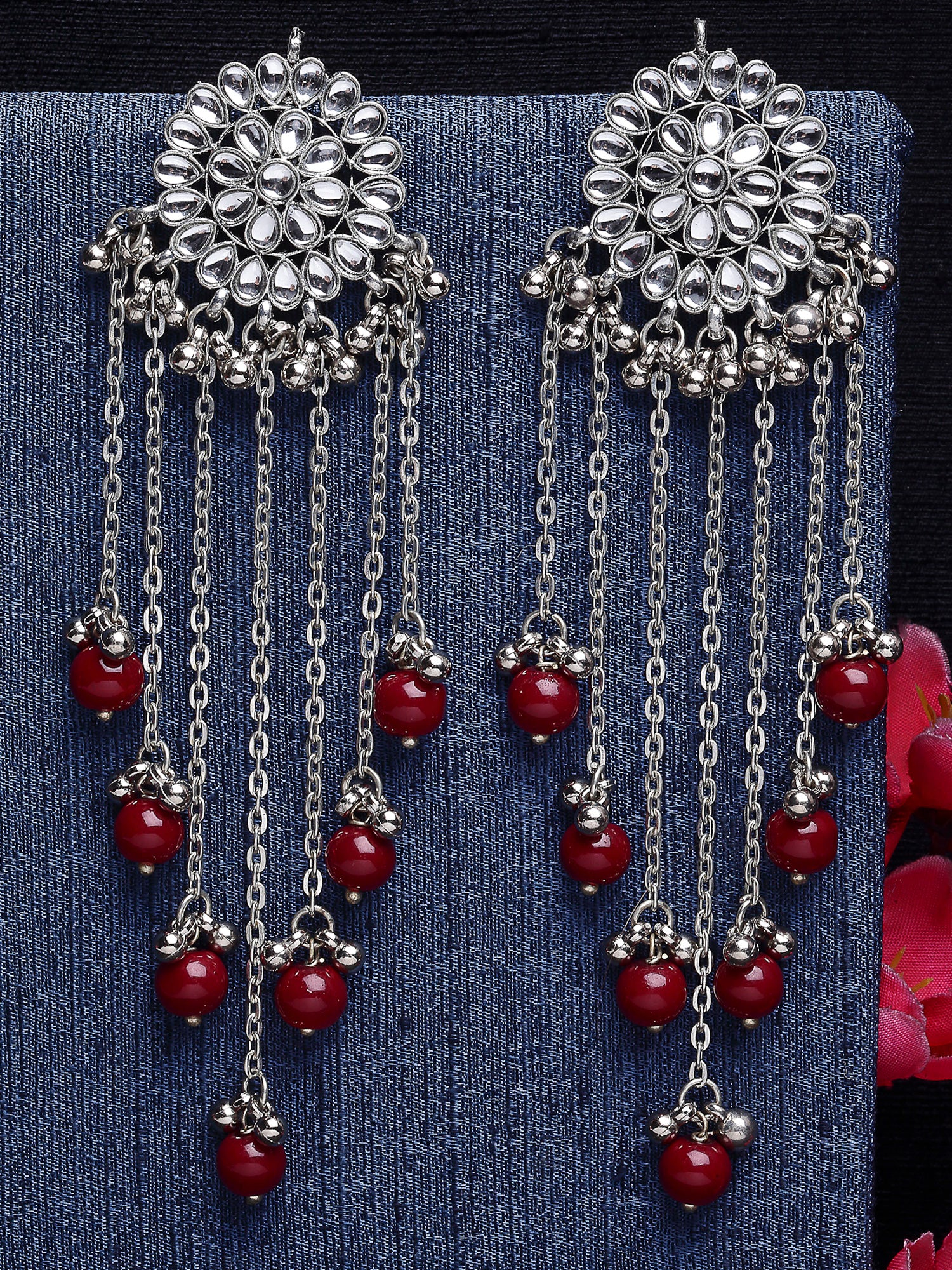 Oxidised Silver Kundan Tassel Earrings with Red Beads