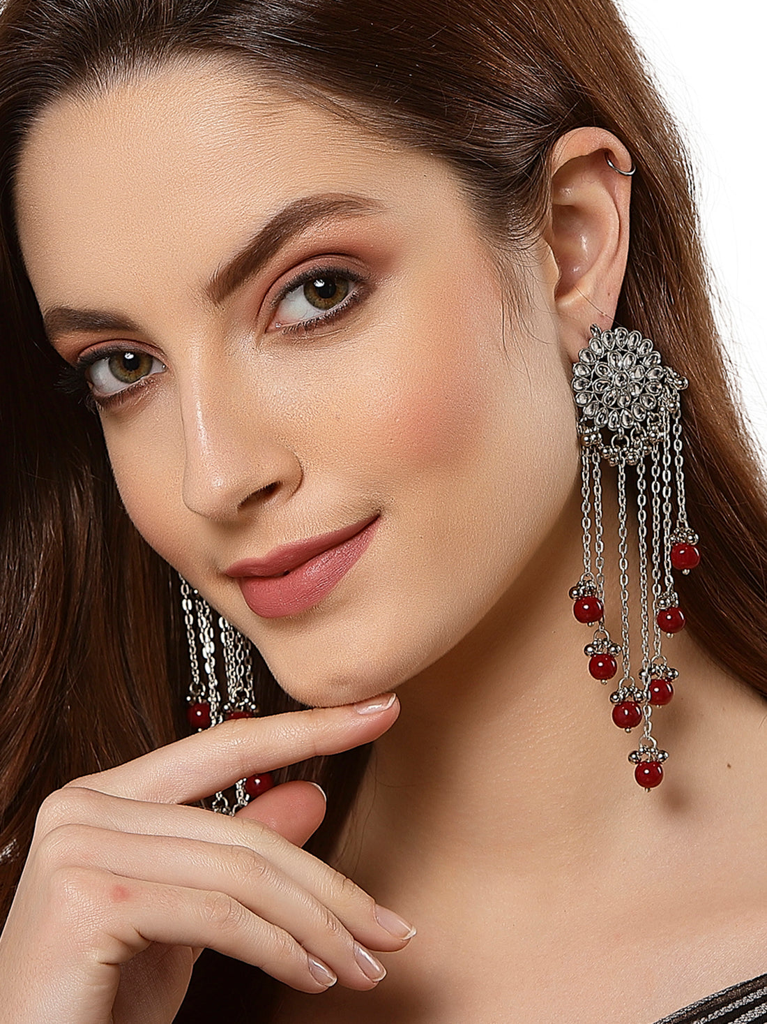 Oxidised Silver Kundan Tassel Earrings with Red Beads