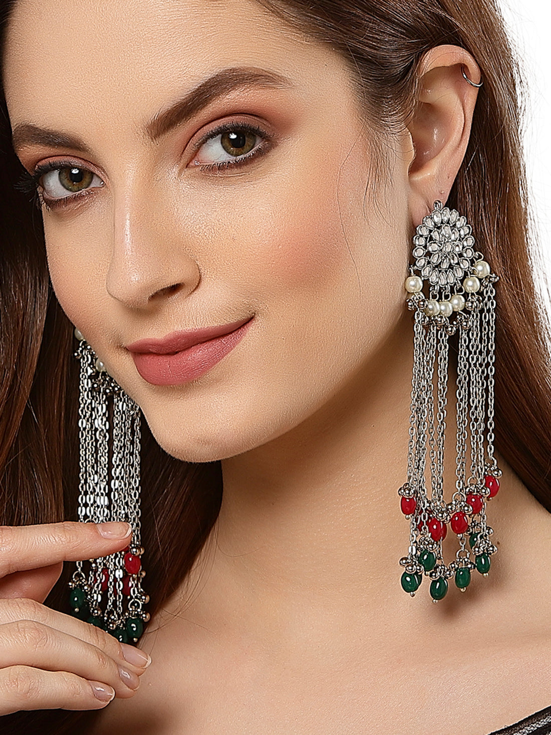 Oxidised Silver Red and Green Kundan Tassel Earrings