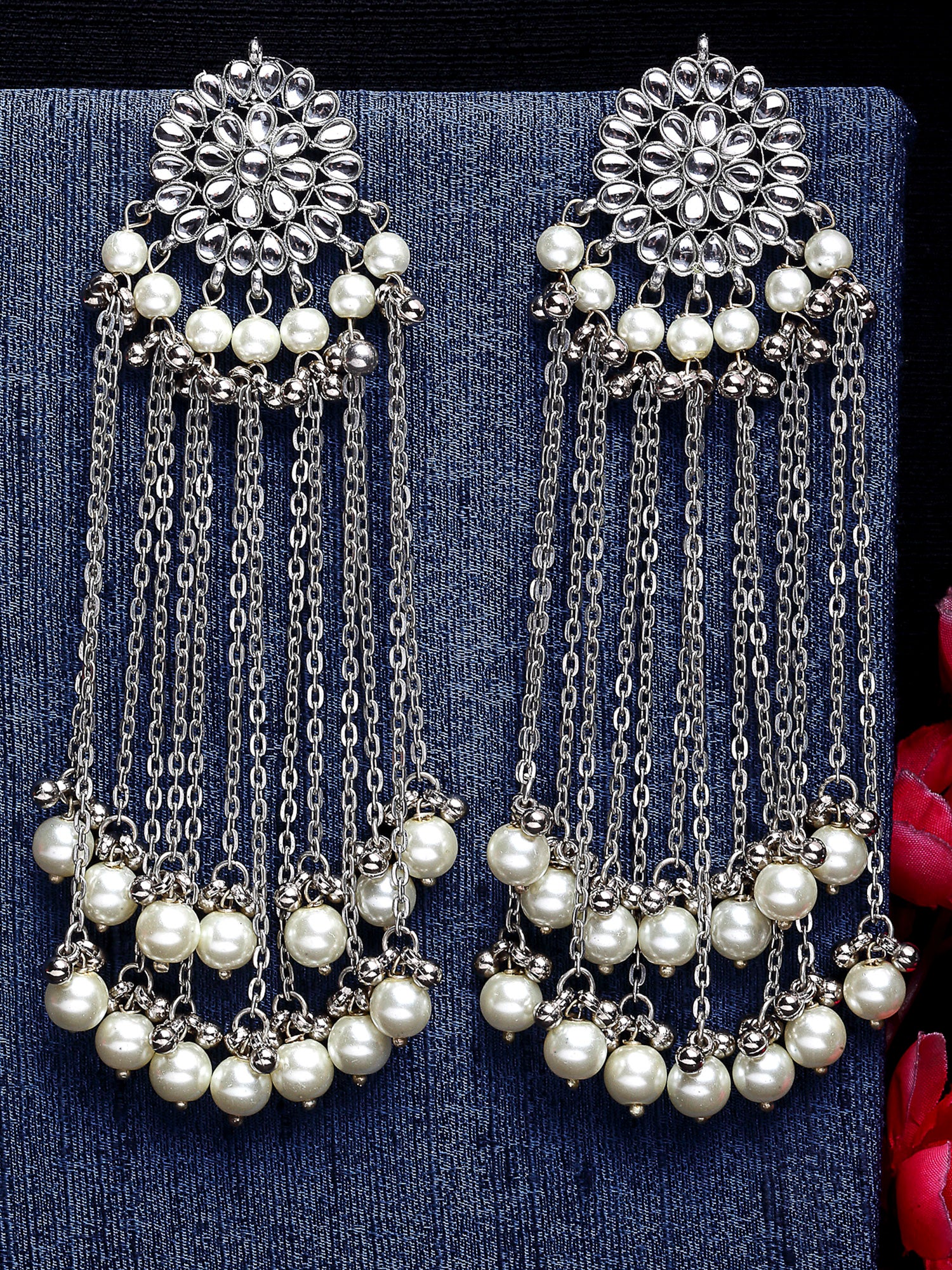 Oxidised Silver Pearl and Kundan Tassel Earrings