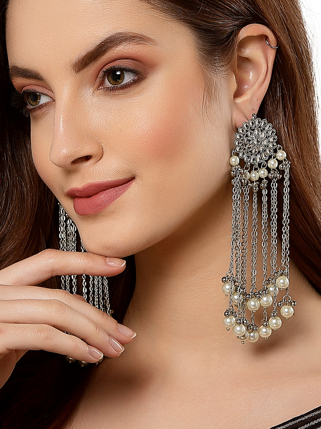 Oxidised Silver Pearl and Kundan Tassel Earrings