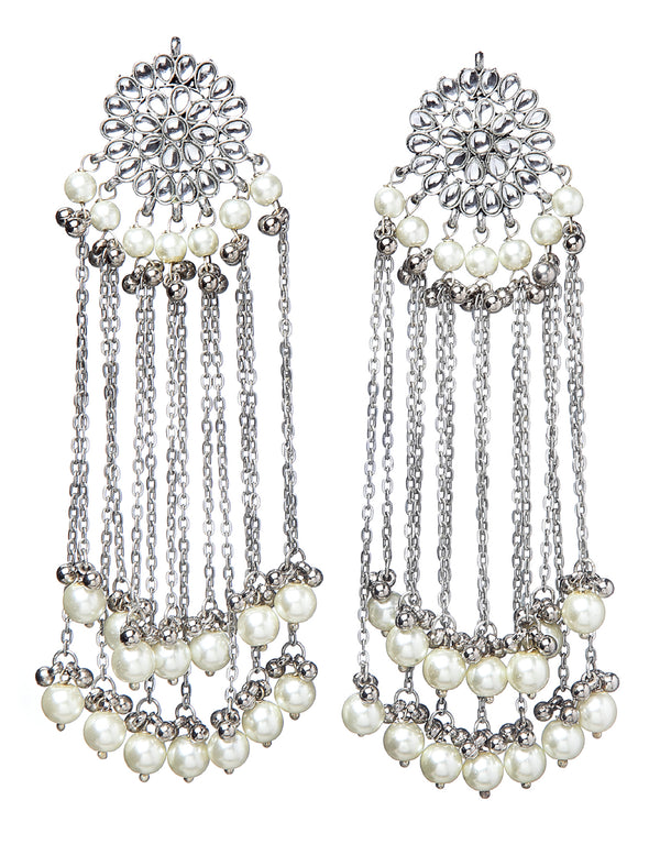 Oxidised Silver Pearl and Kundan Tassel Earrings