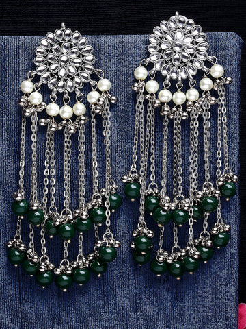 Oxidised Silver Green Beads and Kundan Tassel Earrings