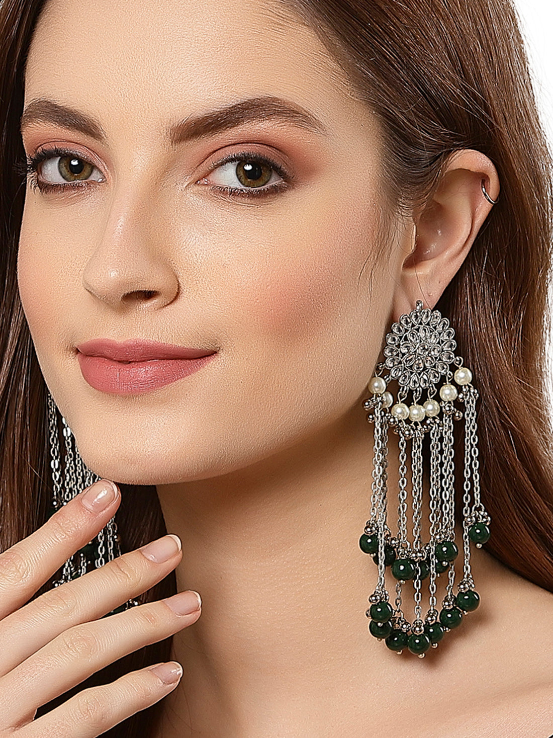 Oxidised Silver Green Beads and Kundan Tassel Earrings